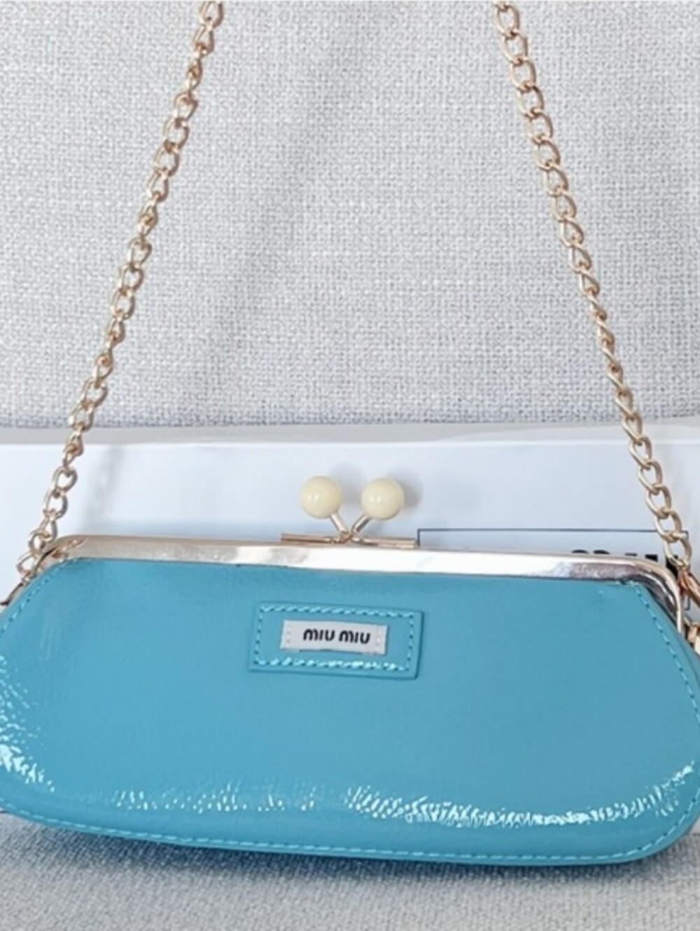 Miu Miu Patent Leather Teal Blue Aqua Shoulder Bag Clutch Gold Chain Purse